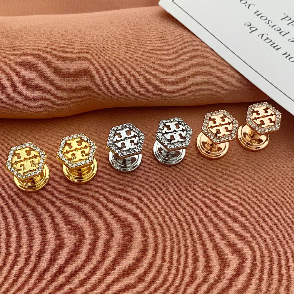 Tory Burch Hexagon Metal Stud Earrings Crystal Letter Cutout